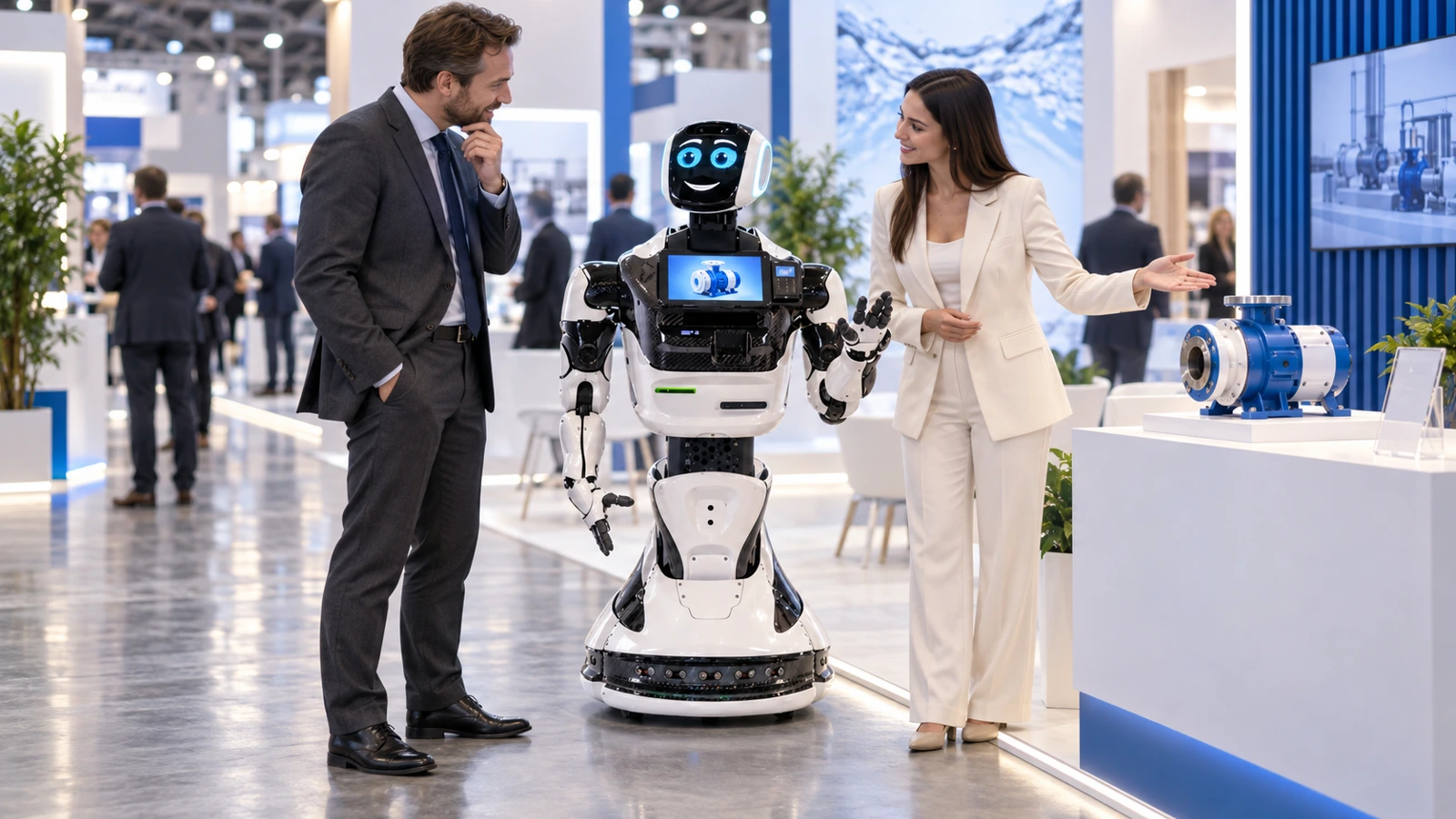 Promobot V4 с изображением продукта на грудном экране, посетитель и сотрудница у выставочного стенда