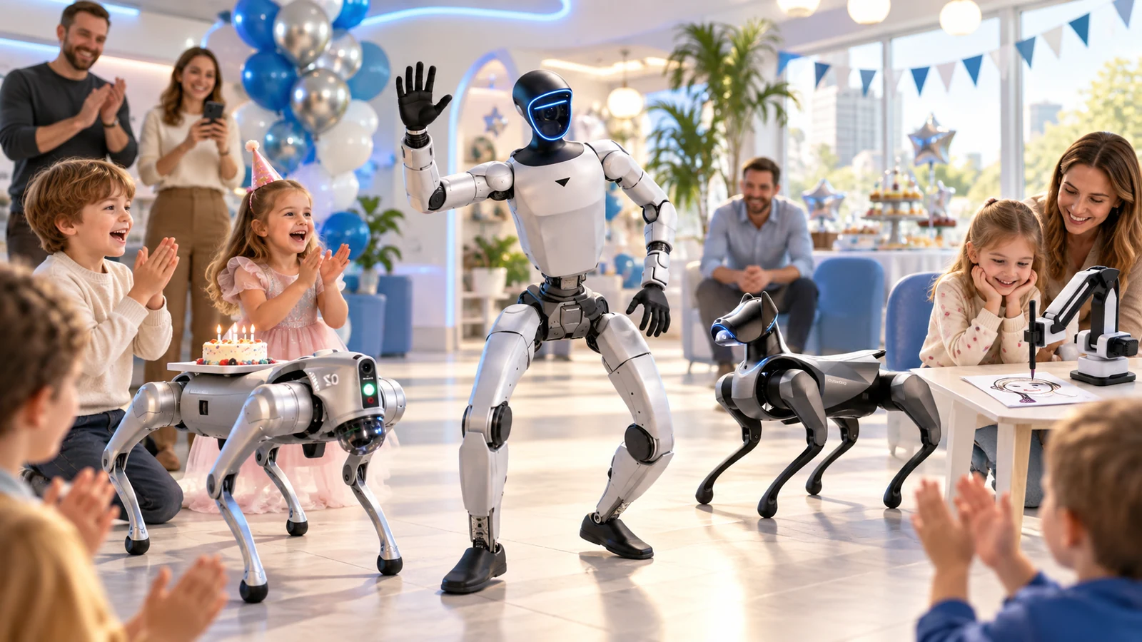 Unitree G1, Unitree Go2, Xiaomi CyberDog 2 и Sketchbot на детском дне рождения в светлой праздничной комнате