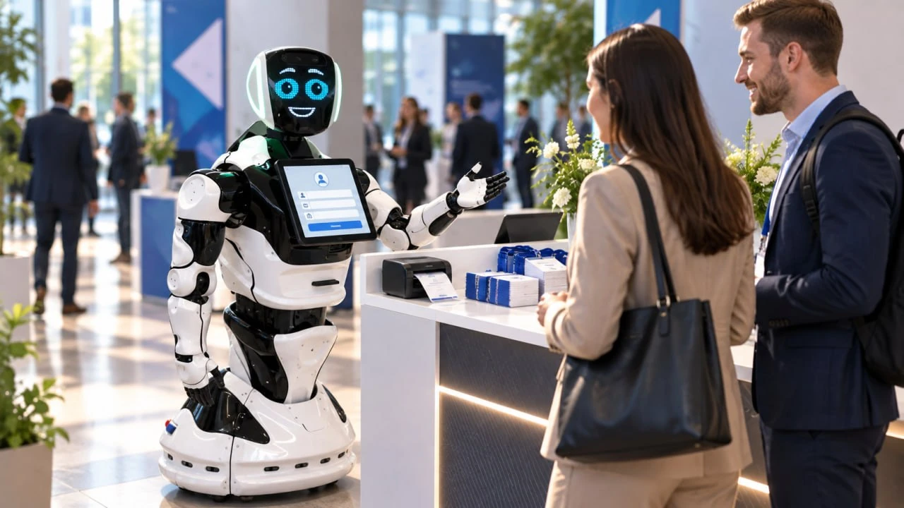 Promobot V4 у стойки регистрации конференции помогает гостю пройти check-in и получить бейдж