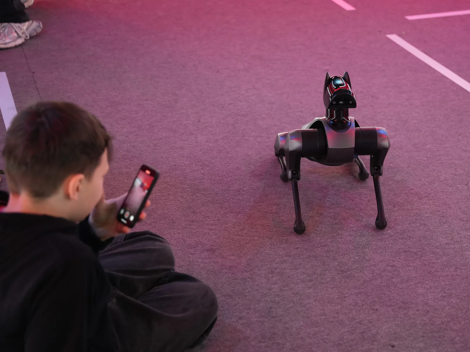 Мальчик снимает робота-собаку Xiaomi CyberDog 2 на телефон