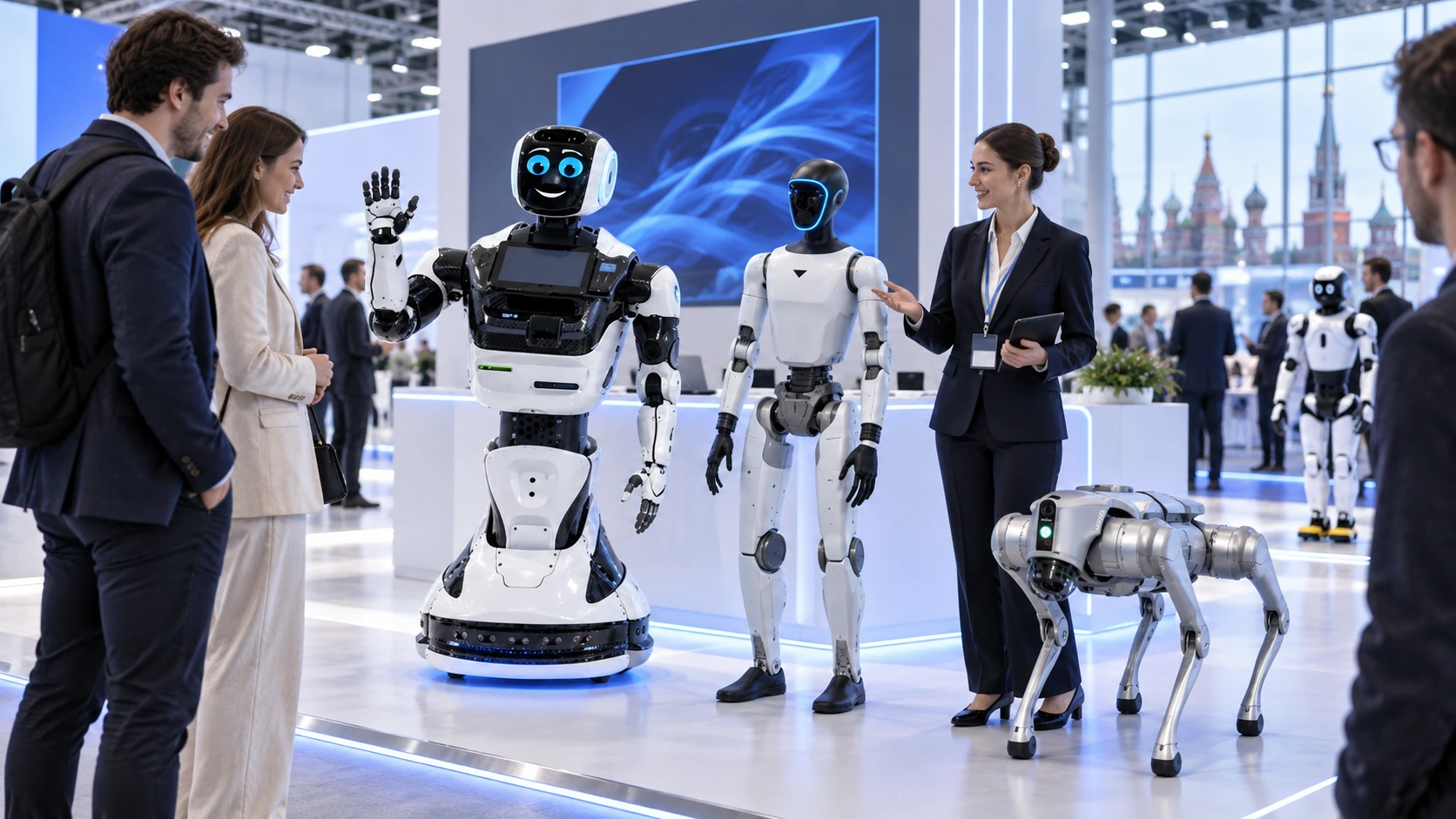 Роботы для выставочного стенда: гуманоид, Promobot V4 и робособака привлекают гостей к экспозиции