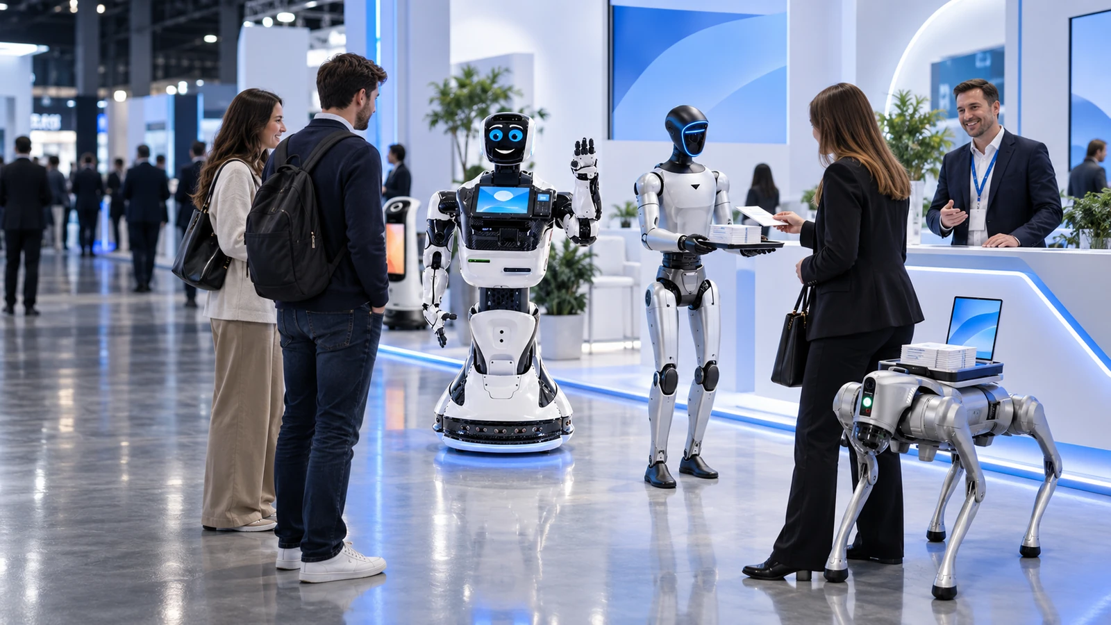 Promobot V4, Unitree G1 и Unitree Go2 работают как роботы-промоутеры на стенде мероприятия