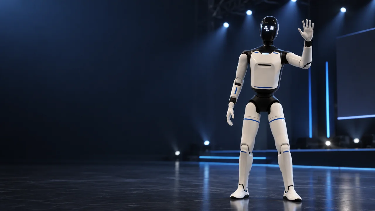 Робот-гуманоид AGIBOT A3 Ultra в полный рост на сцене зала мероприятий