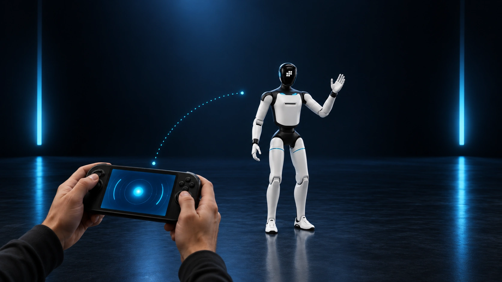 Оператор управляет роботом Agibot A3 Ultra с портативного пульта