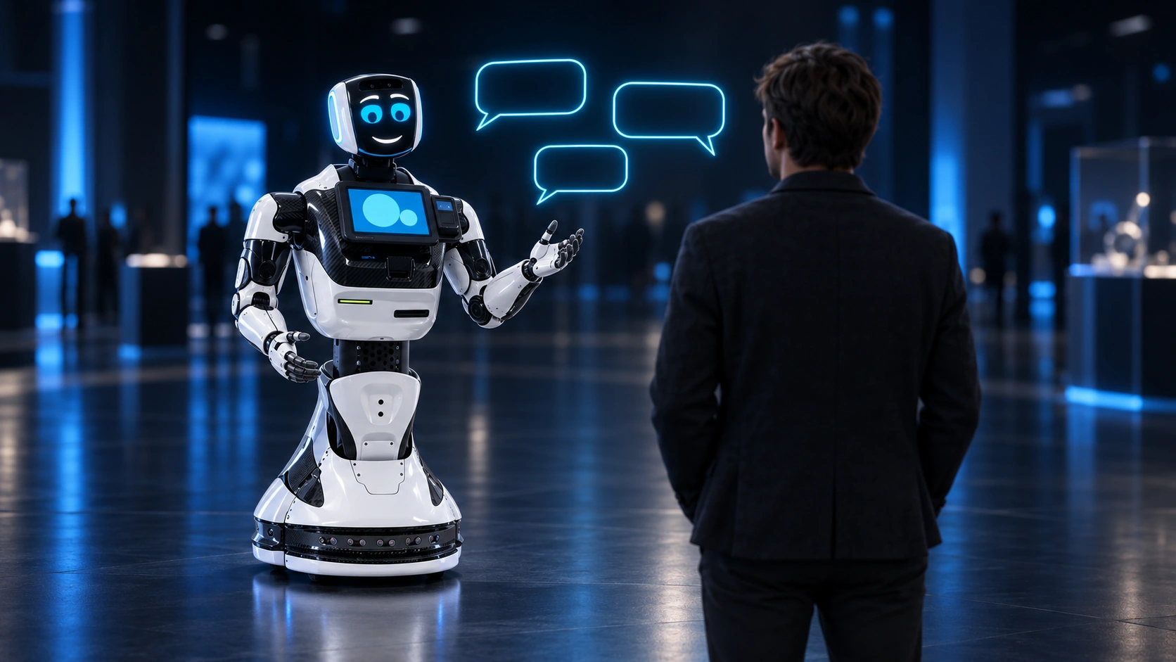 Робот-промоутер Promobot V4 разговаривает с посетителем