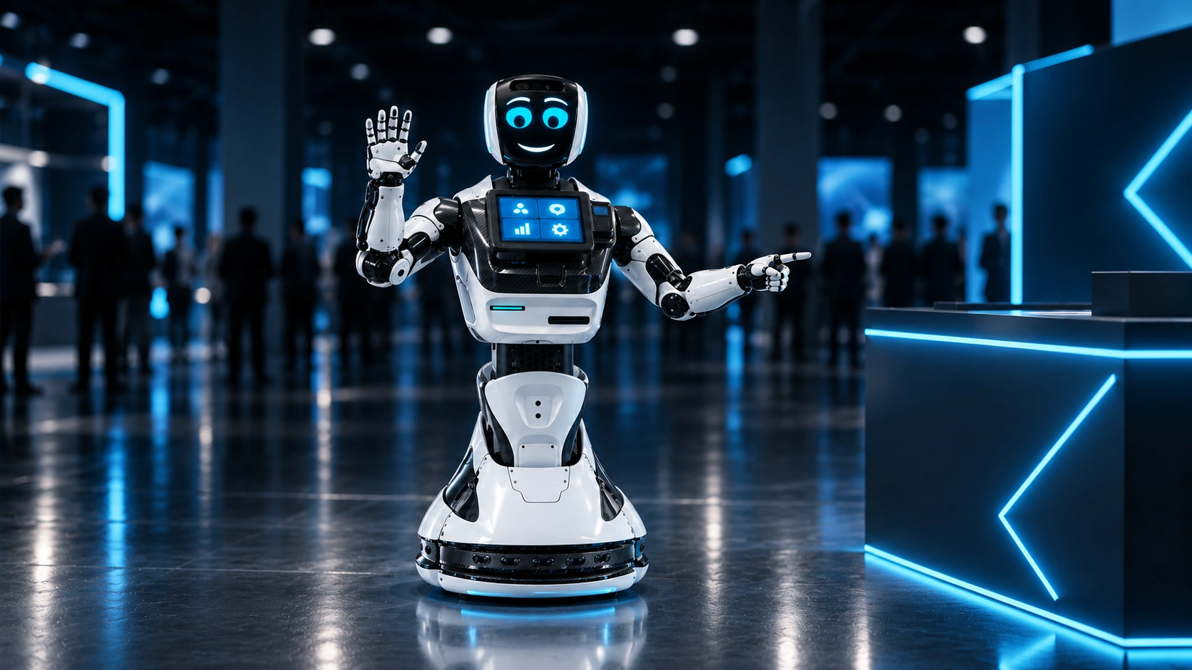 Робот-промоутер Promobot V4 машет рукой гостям у стенда