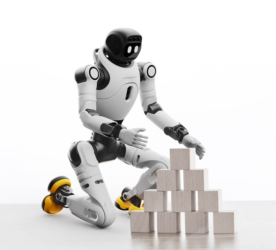 Agibot X2 Ultra стоит на одном колене рядом со стопкой коробок