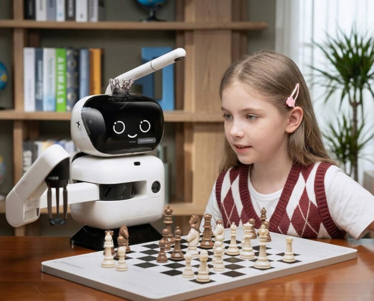 Девочка играет в шахматы с роботом SenseRobot