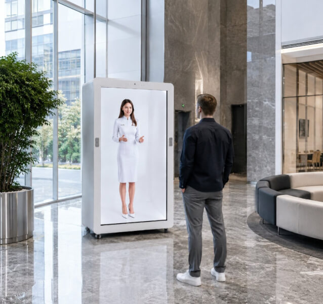 Виртуальный консультант в полный рост на экране UV-BOX в бизнес-центре
